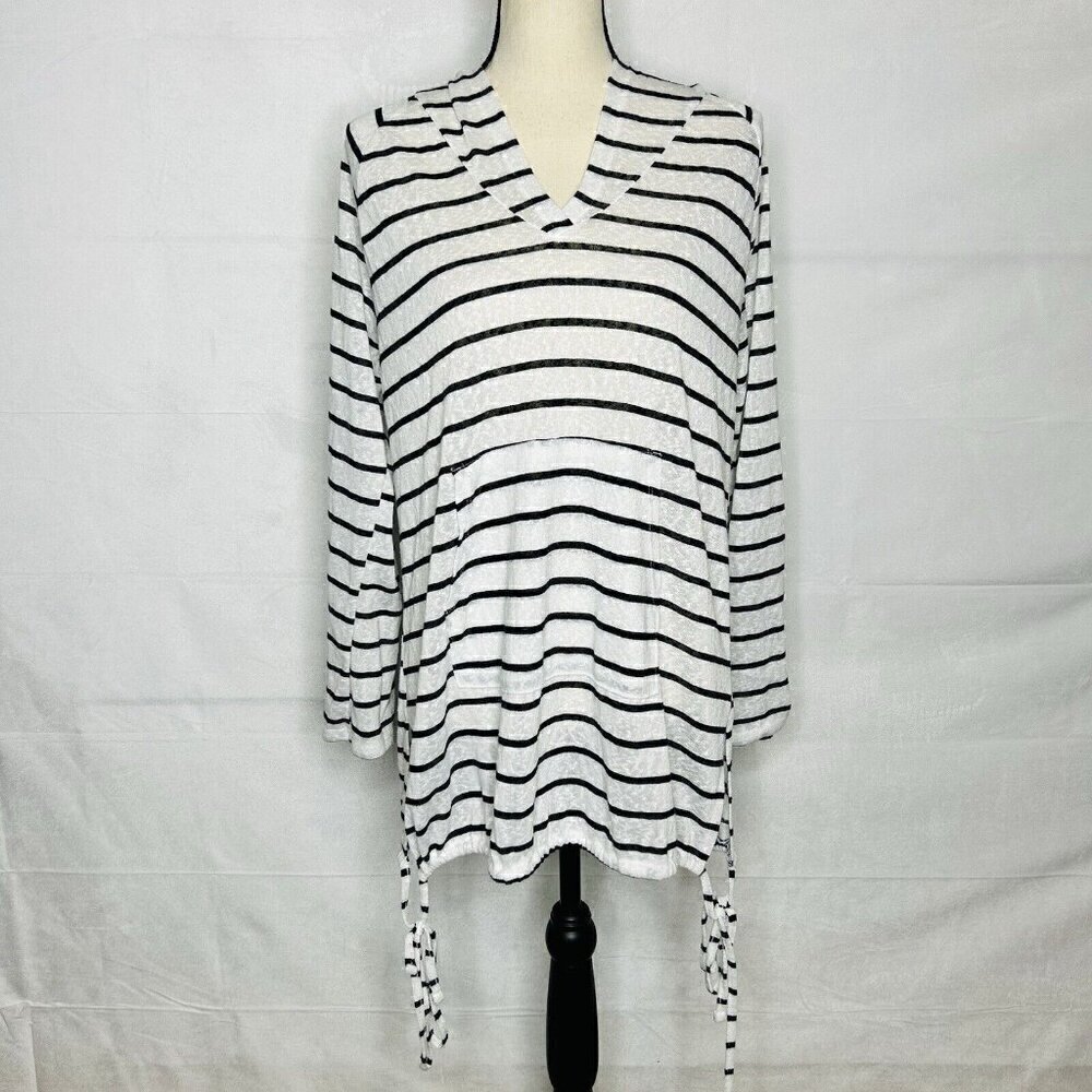 Kona Sol Long-Sleeve Striped Cover-Up Dress Size S Hooded Semi-Sheer Tie Hem